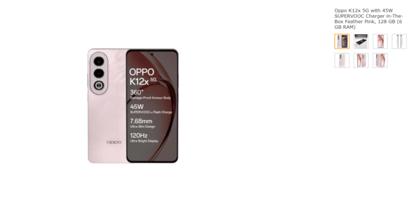 Oppo K12x 5G with 45W SUPERVOOC Charger in-The-Box Feather Pink, 128 GB (6 GB RAM)