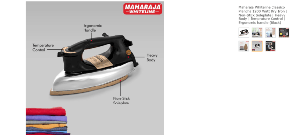 Maharaja Whiteline Classico Plancha 1200 Watt Dry Iron | Non-Stick Soleplate | Heavy Body | Temprature Control | Ergonomic handle (Black)