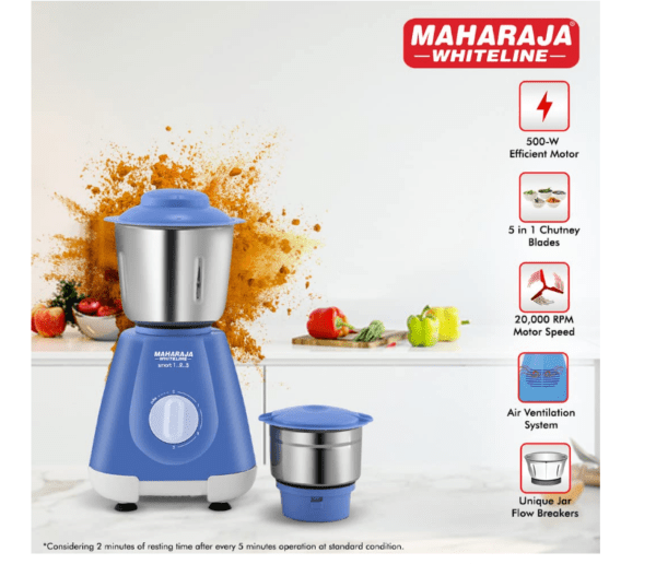 Maharaja Whiteline Smart Mixer Grinder | 500-watt | 20000 RPM Motor Speed | Air Ventilation System | Stainless-Steel Jars & Blades | Unique Jar Flow Breakers | - Image 5