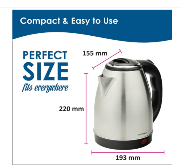 Crompton Insta Delite 1.8L SS Electric Kettle with 1500W power | Stainless steel body | Soft grip handle | LED indicator | 360-degree swivel base | Auto shut-off | Dry Boil Protection - Image 6