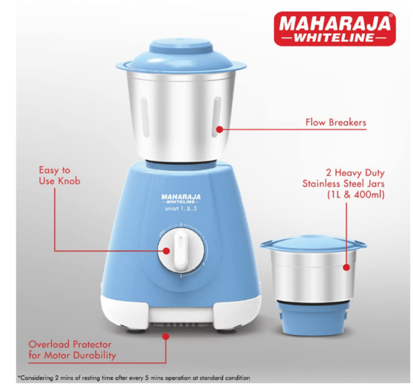 Maharaja Whiteline Smart Mixer Grinder | 500-watt | 20000 RPM Motor Speed | Air Ventilation System | Stainless-Steel Jars & Blades | Unique Jar Flow Breakers | - Image 3