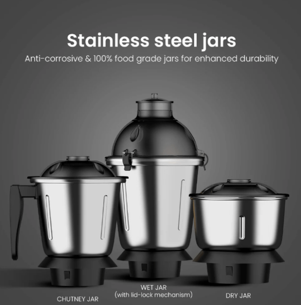 Crompton Duro Royal 750W, Mixer Grinder, 3 Stainless Steel Jars - Image 2