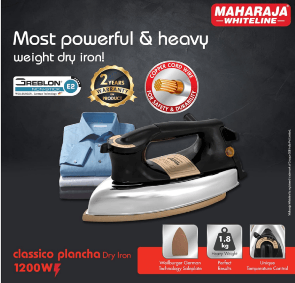 Maharaja Whiteline Classico Plancha 1200 Watt Dry Iron | Non-Stick Soleplate | Heavy Body | Temprature Control | Ergonomic handle (Black) - Image 2